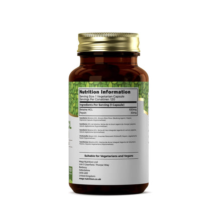 Ezyleaf betaīna hidrohlorīds pepsīns 680 mg | 120 vegāniskas betaīna HCL kapsulas | Betaīna hidrohlorīds ar pepsīnu | Gremošanas enzīmi | Bez mākslīgām sastāvdaļām | ISO sertificēts, bez glutēna un ĢMO | No Lielbritānijas