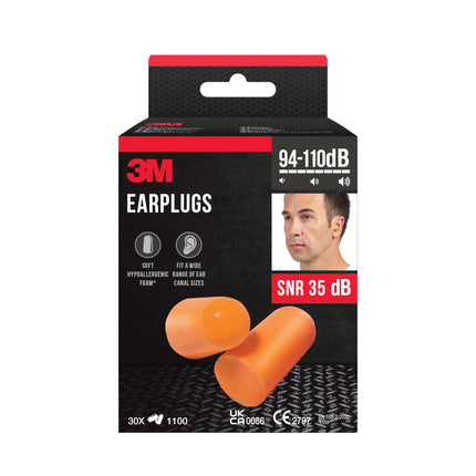 3M ausu aizbāžņi 1100 ar mīkstām putām augstai dzirdes aizsardzībai pret augstu trokšņa līmeni 94–105 dB (SNR: 37 dB) diapazonā, 30 pāri, oranži