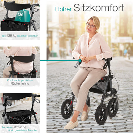 Salokāms un viegls maxVitalis Rollator ar sēdekli, āra rollator ar pneimatiskajām riepām, ieskaitot sēdekli, muguras siksnu, augstumā regulējamu alumīnija staigāšanas palīglīdzekli, ieskaitot somu un spieķu turētāju, antracīta krāsā