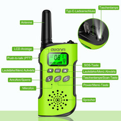 AWANFI Walkie Talkie Kids, rācija ar uzlādējamu litija jonu akumulatoru, divvirzienu radio komplekts, rācija ar VOX funkciju, LCD lukturītis, taustiņu slēdzene, rācija dāvanu kempinga piedzīvojumiem, 3-12 gadi