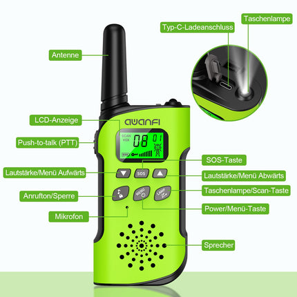 AWANFI Walkie Talkie Kids, rācija ar uzlādējamu litija jonu akumulatoru, divvirzienu radio komplekts, rācija ar VOX funkciju, LCD lukturītis, taustiņu slēdzene, rācija dāvanu kempinga piedzīvojumiem, 3-12 gadi