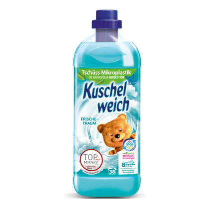 Kuschelweich auduma mīkstinātājs svaigs sapnis, dermatoloģiski apstiprināta saderība ar ādu, Kuschelweich auduma mīkstinātājs bez mikroplastmasas, 1 litrs līdz 38 mazgāšanas reizēm, 1037,48 grami