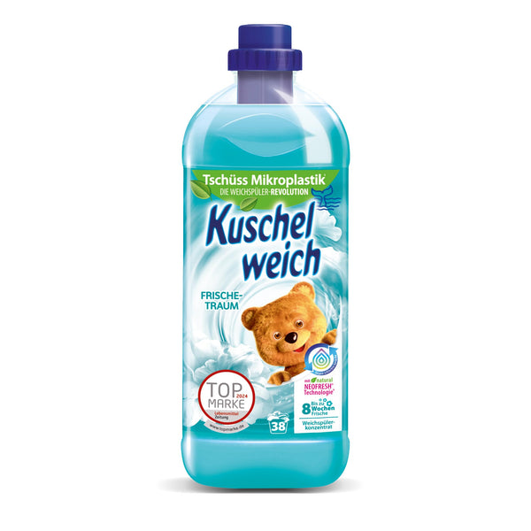 Kuschelweich auduma mīkstinātājs svaigs sapnis, dermatoloģiski apstiprināta saderība ar ādu, Kuschelweich auduma mīkstinātājs bez mikroplastmasas, 1 litrs līdz 38 mazgāšanas reizēm, 1037,48 grami