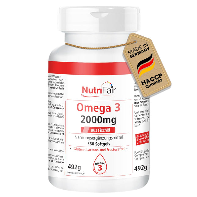 Omega 3-360 mīkstās kapsulas - 2000 mg zivju eļļas dienā - ar EPA, DHA un E vitamīnu - Augsta deva - Ražots Vācijā un testēts laboratorijā - NutriFair | Premium un godīga