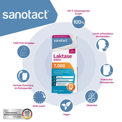 sanotact Lactase 7000 DIRECT (90 mini laktāzes tabletes) • Laktozes tabletes katrai dienai • Laktozes nepanesības, laktozes un piena nepanesības gadījumā • Ātri lietojamas bez ūdens