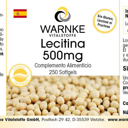 Lecitīns 500 mg - no sojas - 250 mīkstās kapsulas - bez ĢMO - liela deva - lielapjoma iepakojums | Warnke Vitalstoffe - Vācijas aptieku kvalitāte
