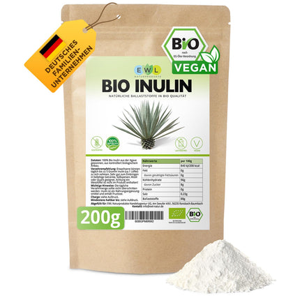 EWL Natural Products inulīna pulveris ORGANISKS 200 g, šķiedrvielu pulveris, kas iegūts no agaves, inulīna pulveris, kas iegūts bioloģiski kontrolētā bioloģiskā audzēšanā.