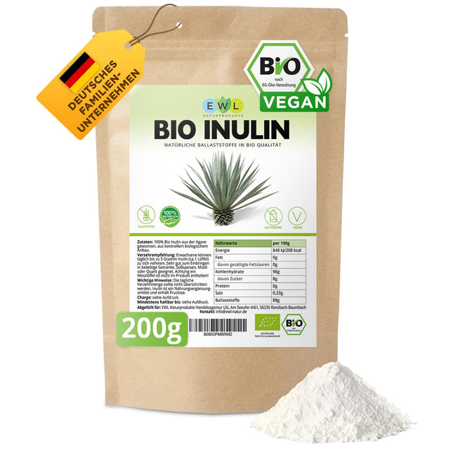EWL Natural Products inulīna pulveris ORGANISKS 200 g, šķiedrvielu pulveris, kas iegūts no agaves, inulīna pulveris, kas iegūts bioloģiski kontrolētā bioloģiskā audzēšanā.