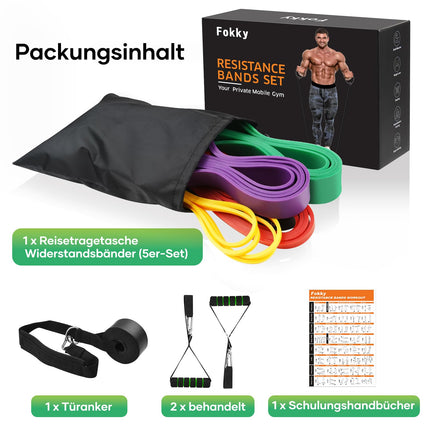 Fokky Fitnessbänder Widerstandsbänder mit 5 Stufen, Resistance Bands mit Türanker, 2*Griffen, Übungsanleitung&Tragebeutel, Gymnastikband Klimmzugband Fitnessband für Muskelaufbau,Yoga,Pilates 5er Set