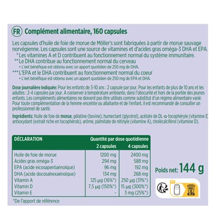Moller's ® | Mencu aknu eļļas kapsulas | Omega-3 taukskābes DHA un EPA, Satur A, D un E vitamīnus, Atbalsta imūnsistēmu, sirds darbību, smadzeņu darbību un redzi | 160 gabali