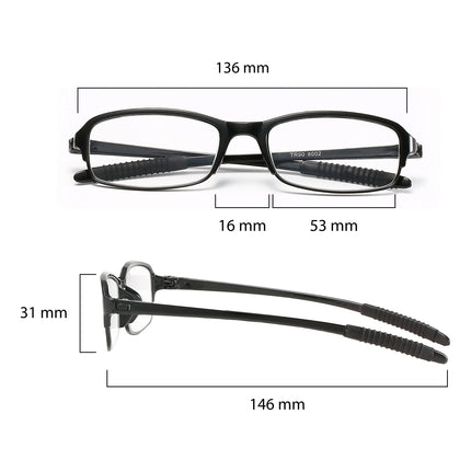 NRDIK PROFLEX vieglās (3 gab. iepakojumā) elastīgās lasāmbrilles - triecienizturīgas, skrāpējumu izturīgas, lokāmas, neslīdošas, unisex (vīriešiem + sievietēm), pieejamas (ovālas, melnas, 2.0)