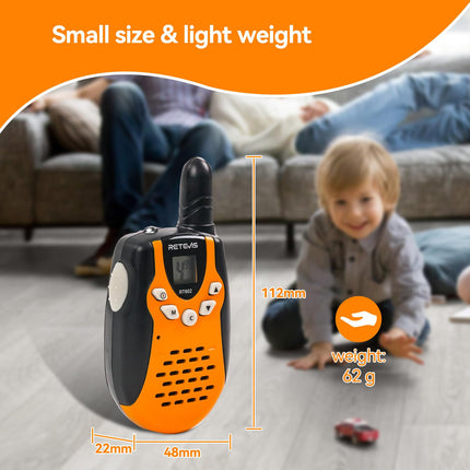 Retevis RT602 Walkie Talkie Kids 8 kanāli PMR446 bērnu divvirzienu radio ar uzlādējamām baterijām Lukturītis VOX LCD displejs Rotaļlietu spiegu aprīkojums Dāvanas bērniem (1 pāris, oranžs)