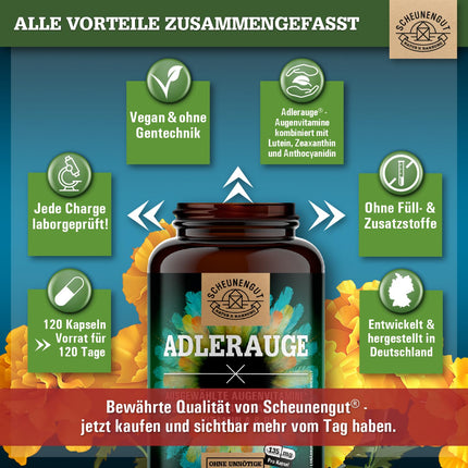 ADLERAUGE® acu vitamīni augstai devai — SVARĪGI: Laboratorijā pārbaudīts zīmola komplekss ar luteīnu, zeaksantīnu, melleņu ekstraktu, beta-karotīnu, A+B vitamīniem un citiem līdzekļiem | 120 gab. -DE- SCHEUNENGUT®