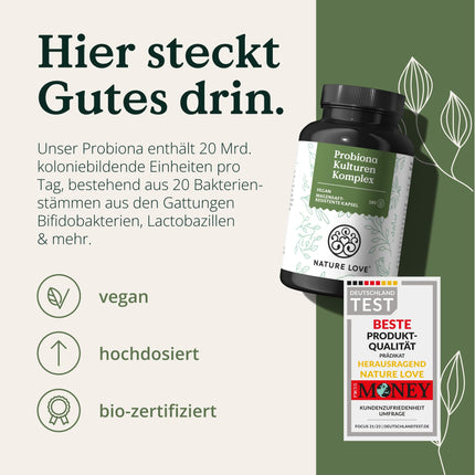 Probiona komplekss – perfekti saskaņoti baktēriju celmi – 300 miljardi KVV/g – zarnās šķīstošs apvalks un vegāns – ar laktobacilām un bifidobaktērijām, liela deva 20 miljardi KVV/dienā, 3 mēneši