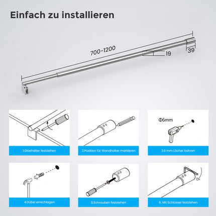 Heilmetz® satvēriena stienis dušas ekrāniem Stabilizators stiklam ar biezumu 8–10 mm Dušas dušas ekrāns Nerūsējošā tērauda apaļš satvēriena stienis 70–120 cm (1 iepakojums)