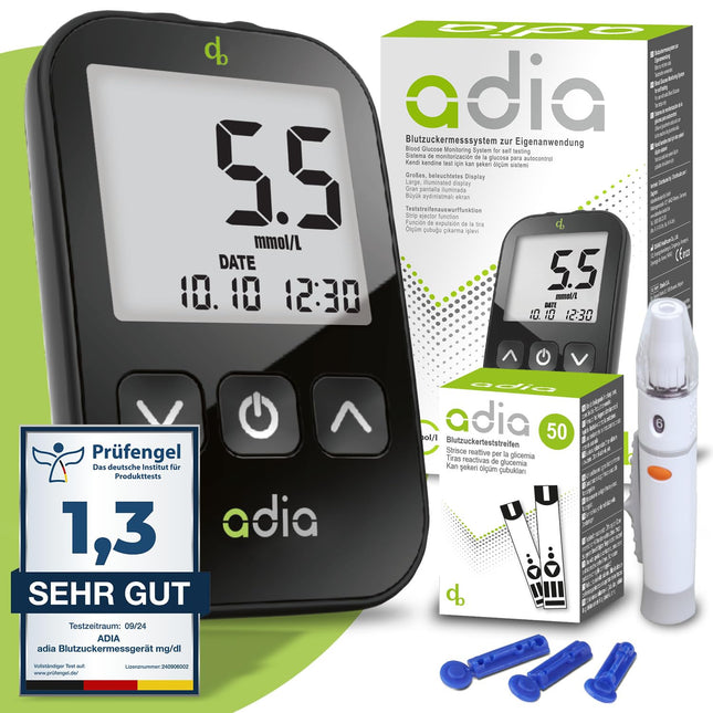 Adia asins glikozes mērītājs (mmol) ar 60 asins glikozes testa strēmelītēm, 10 lancetēm, 1 lancetes ierīci, 1 maciņu, vērtību komplektu asins glikozes paškontrolei diabēta gadījumā