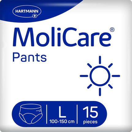 MoliCare® Pants Day — Nesaturēšanas biksītes mērenas dienas urīnpūšļa vājuma gadījumā sievietēm un vīriešiem | uzticams un diskrēts | L izmērs (100–150 cm gurnu apkārtmērs), 15 gabali