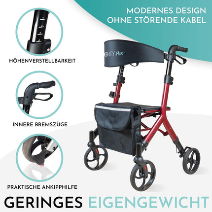 Mobility Plus+ dizaina rollators DR10+ sarkans — paredzēts lietošanai iekštelpās un ārā, plāns un salokāms — regulējams augstumā staigāšanas palīglīdzeklis senioriem ar muguras siksnu un somu — iekšējās bremžu troses bez kaitinošām trosēm