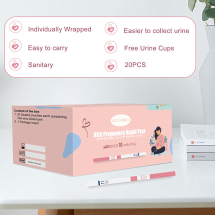 Grūtniecības testa strēmeles, hCG grūtniecības tests lietošanai mājās agrīnai noteikšanai, precīzs vairāk nekā 99%, 20 gabali atsevišķi iesaiņoti ar urīna pārbaudes krūzītēm, grūtniecības testi 5 mm plati, 10 mSV/ml