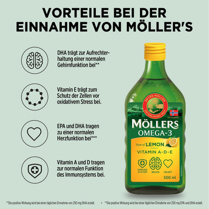 Möller's Omega 3 mencu aknu eļļa | Ziemeļvalstu Omega 3 uztura bagātinātājs ar EPA, DHA, A, D un E vitamīniem | Izcilas garšas balva | Augstas tīrības dabīgs | 165 gadus vecs zīmols | Citrons | 500 ml