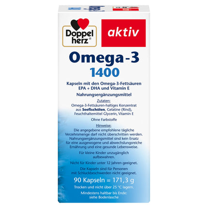 Doppelherz Omega-3 1400 mg - Augstas devas Omega-3 koncentrāts ar E vitamīnu - Augsts Omega-3 taukskābju EPA un DHA saturs - 90 kapsulas