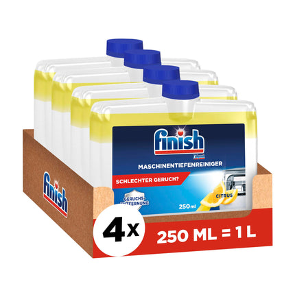 Finish Machine Deep Cleaner Citrus – šķidrs trauku mazgājamās mašīnas tīrīšanas līdzeklis pret kaļķakmeni un taukiem tīrai trauku mazgājamajai mašīnai – izdevīgs iepakojums ar 4 x 250 ml trauku mazgājamās mašīnas tīrīšanas līdzekļa ar citrona aromātu