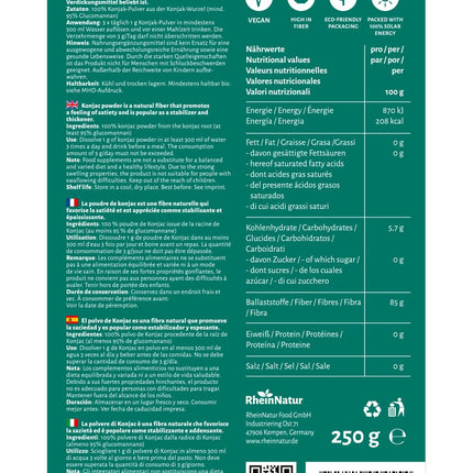 RheinNatur Konjac pulveris 250 g - glikomanāns no konjaka saknes - dabīgas šķiedrvielas, veicina sāta sajūtu - konjaka milti kā saistviela un stabilizators