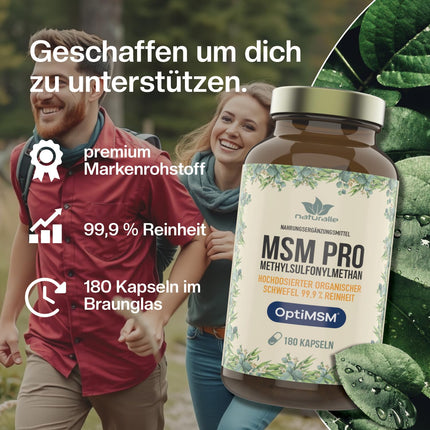 naturalie® MSM PRO - 1,6 g tīra metilsulfonilmetāna vienā dienas devā - 99,9% tīrība, pateicoties OptiMSM™ vairākkārtējai destilācijai - bez liekām piedevām - 180 kapsulas brūnā stikla iepakojumā bez BPA