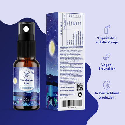 Melatonīna aerosols augstā devā - 400 dienu piegāde (50 ml) - ar baldriānu, pasifloru, citronmelisu, lavandu, B6 un B1 vitamīniem - bezalkoholisks - vegāns - aveņu garša - Alpha Foods