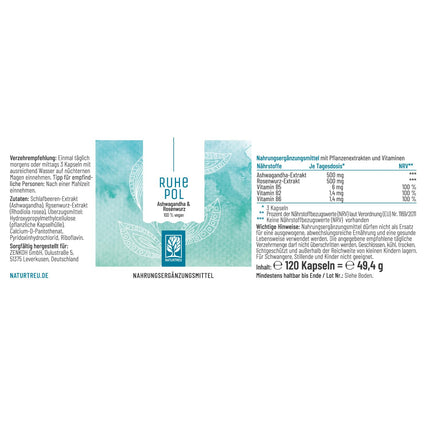 NATURTREU® Ruhepol - Ašvagandas kapsulas augstā devā - 120 vegānas kapsulas - 500 mg Ašvagandas dienā - Ašvagandas komplekss ar Rhodiola Rosea ekstraktu - Bez nevēlamām piedevām - Laboratorijā pārbaudīts
