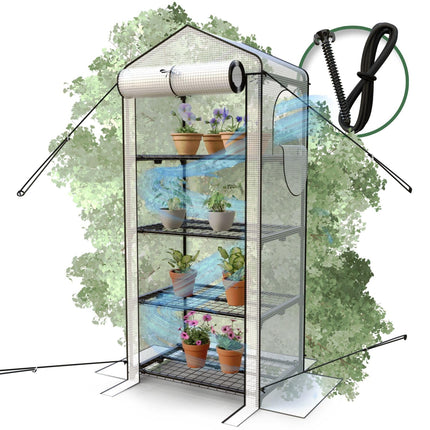 Heimfleiss® tuneļa tipa siltumnīca ar 4 līmeņiem | Balkona siltumnīca maza | Dārza siltumnīca vētras un ziemas izturībai | Augu telts, kas izgatavota no folijas un metāla rāmja | Audzēšanas plaukts Siltumnīcas balkona siltumnīca