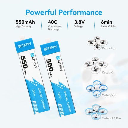 BETAFPV 4 gab. BT2.0 550mAh 1S akumulators 3.8V 40C/80C Lipo akumulators ar BT2.0 savienotāju, saderīgs ar 75-85 mm 1S FPV sacīkšu droniem, kvadrokopteriem, piemēram, Meteor75 Pro FPV dronu