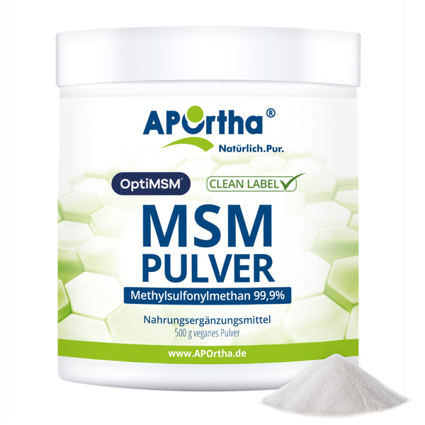 APOrtha® OptiMSM® MSM pulveris, 500 g vegāns pulveris, 99,9% tīrs metilsulfonilmetāns bez jebkādām piedevām, 1000 mg OptiMSM® MSM vienā porcijā, vegāns, bez glutēna, bez laktozes, bez alergēniem
