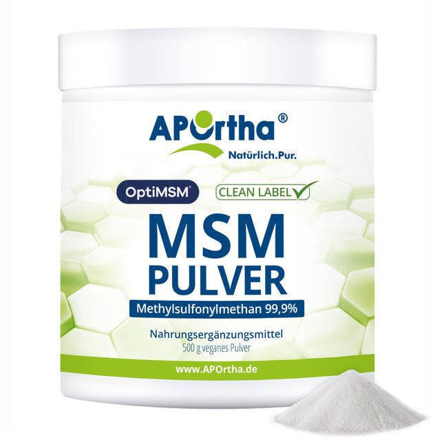 APOrtha® OptiMSM® MSM pulveris, 500 g vegāns pulveris, 99,9% tīrs metilsulfonilmetāns bez jebkādām piedevām, 1000 mg OptiMSM® MSM vienā porcijā, vegāns, bez glutēna, bez laktozes, bez alergēniem