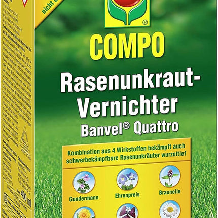 COMPO zāliena nezāļu iznīcinātājs Banvel Quattro, grūti kontrolējamu nezāļu apkarošanai zālienā, koncentrāts, 400 ml (400 m²)