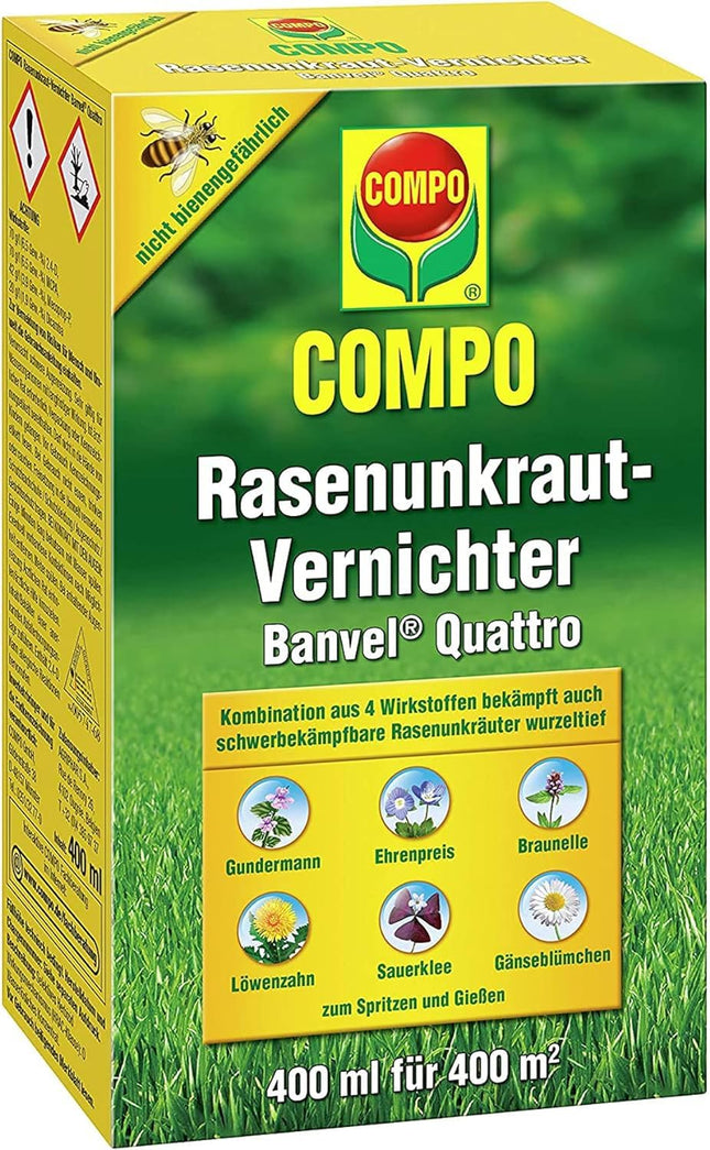 COMPO zāliena nezāļu iznīcinātājs Banvel Quattro, grūti kontrolējamu nezāļu apkarošanai zālienā, koncentrāts, 400 ml (400 m²)
