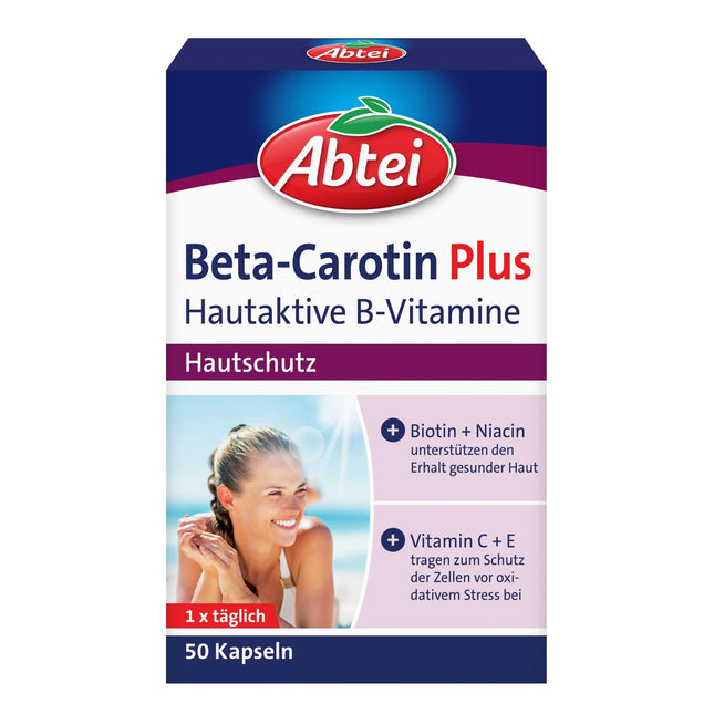 Abtei Beta-Carotene Plus - Ādas aizsardzībai - Ar ādai aktīviem B vitamīniem - Bez glutēna, bez laktozes - 50 kapsulas