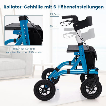 FANTASK 2-in-1 rollators ar pneimatiskajām riepām un sēdekli līdz 160 kg, salokāms un viegls alumīnijs ar somu un spieķa turētāju, staigāšanas palīglīdzeklis ar 6 virzienu augstuma regulēšanu, ratiņkrēsls un ceļojumu rollators (zils)