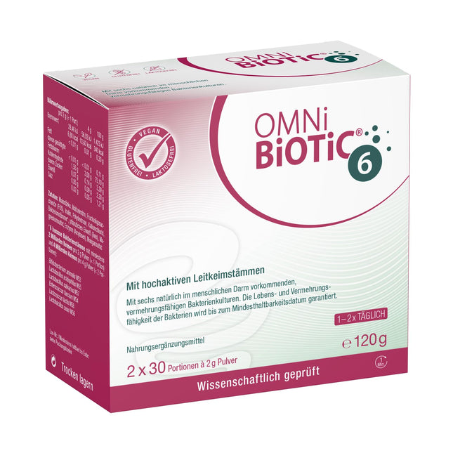 OMNi BiOTiC 6 | Stikls | 60 porcijas (120 g) | 6 baktēriju celmi | 4 miljardi baktēriju vienā dienas devā | Pulveris | Ar inulīnu | Vegāns | Bez glutēna | Bez laktozes | Ikdienas lietošanai