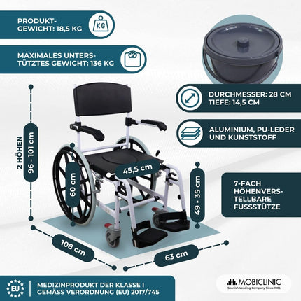 Mobiclinic®, tualetes ratiņkrēsls, regulējams augstums, pašgājējs, Calígula, saliekams kāju balsts un roku balsti, ar noņemamu bļodu, riteņu bremze, alumīnijs