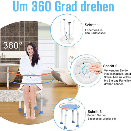 UISEBRT 360° rotējošs dušas krēsls, regulējams augstums, dušas krēsls, vannas krēsls, dušas palīglīdzeklis, vannas krēsls, neslīdošs ar piesūcekni, satvēriena stieni, vannas rokturis (krēsls+satvēriena stienis)