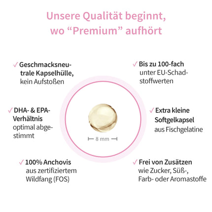 Premium Omega-3 kapsulas – mammai un mazulim – 293 mg DHA un 173 mg EPA – pirms, grūtniecības laikā un pēc tās – drošas un svaigas Omega-3 – viegli lietojamas – 90 mini kapsulas