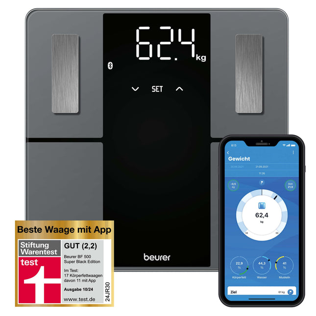 Beurer BF 500 diagnostikas svari ar Bluetooth un lietotni, digitālie ķermeņa tauku svari ar 180 kg celtspēju, analītiskie svari ķermeņa tauku, muskuļu procentuālās daļas, kaloriju nepieciešamības u.c. mērīšanai, XL displejs