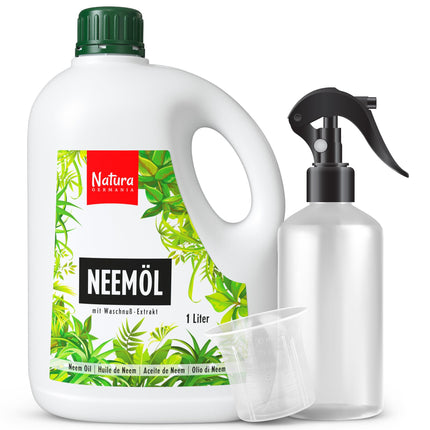 Natura Germania® Nīma eļļa 1000 ml ar ziepju riekstu ekstraktu ar smidzināšanas pudeli un mērtrauku - Pagatavo 100 litrus gatava šķīduma - Nīma aerosols dabiskai augu kopšanai istabas augiem/dārza augiem
