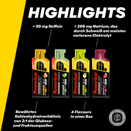 Powerbar - PowerGel daudzgaršu kaste - 12x41g - enerģijas želejas ar augstu ogļhidrātu saturu - ogļhidrātu attiecība 2:1 - nātrijs