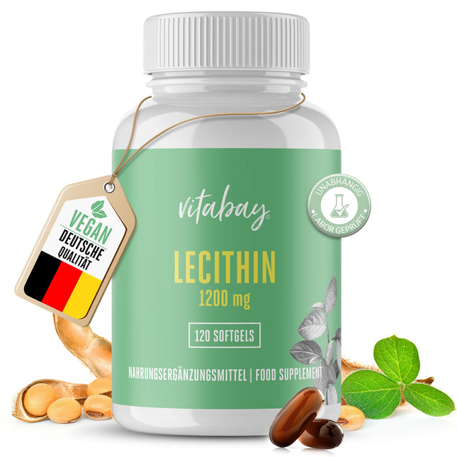 Vitabay Lecitīns 1200 mg | 120 vegānas sojas lecitīna mīkstās želejas | Sojas lecitīns ar fosfatidilholīnu | Pilnībā bioloģisks un bez ĢMO | Vitamīni zīdīšanas laikā ar E vitamīnu | L. Pulvera alternatīva