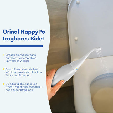 HappyPo Po duša - rokas duša, pārnēsājama intīmā duša, higiēniska tīrīšana ceļojumiem un mājām - aizstāj mitrās salvetes un dušas tualeti, maiga un efektīva, kompakta - 28 x 5 x 6 cm, balta