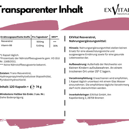 EXVital® resveratrola kapsulas, 98% trans-resveratrols, 500 mg vienā kapsulā, 120 vegānas kapsulas, vegānas un bez piedevām, laboratoriski pārbaudītas