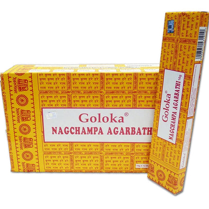 Goloka Nag Champa vīraka kociņi, 16 grami x 12 kastītes, 12 kociņi (1 iepakojums)