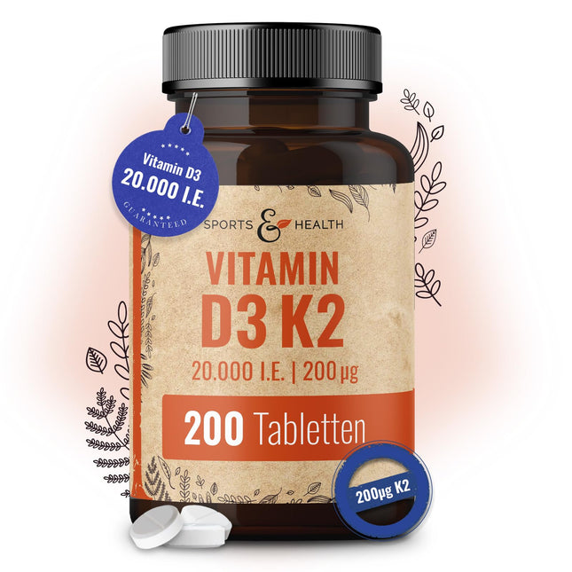 D3 K2 vitamīna tabletes - 200 tabletes - D vitamīns augsta deva 20000 SV + 200µg K2-Mk7 vitamīns - D3 K2 Depot - Veģetārs - D3 K2 vitamīns augsta deva